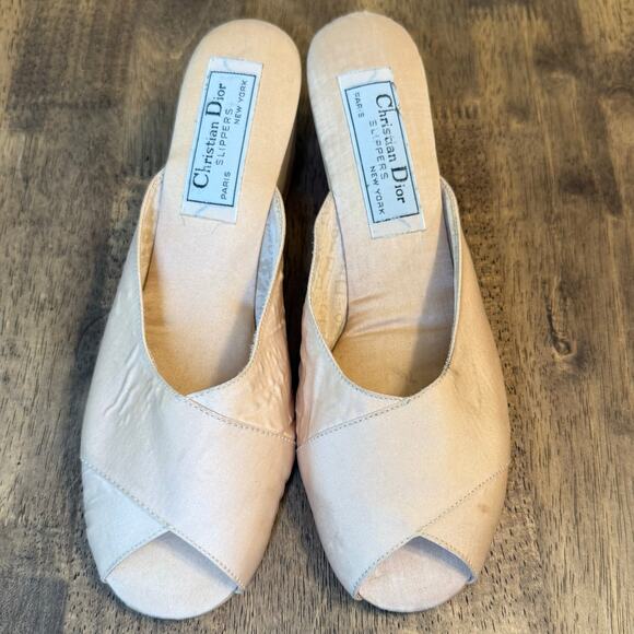 Christian Dior Slippers VTG Satin Wedge Heel Shoe Ballet Pink Women’s Size 8 - Picture 4 of 12